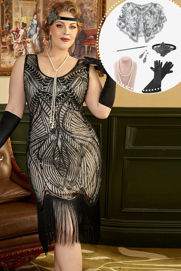 Svarta och Aprikos Paljetter 1920-tals Plus Size Gatsby Flapper Klänning med 20-Talets Tillbehörsset